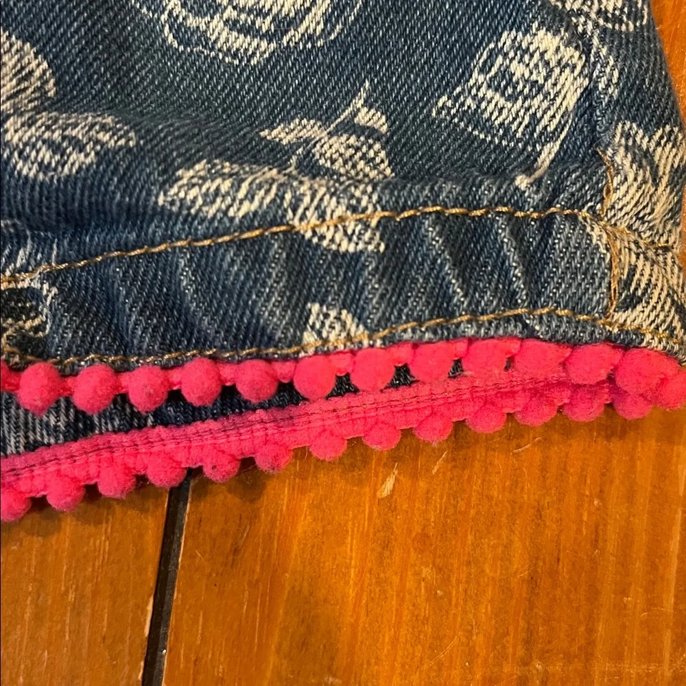Girls Floral Print Denim Short Overalls W/Pink Trim i Bow Accents 18 Months EUC